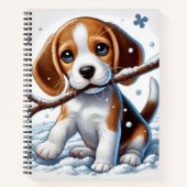 雪遊の中の子犬と杖 ノートブック (正面)