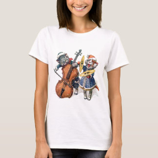 雪遊の中の猫のクリスマスミュージック Tシャツ