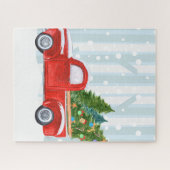雪道のクリスマスの赤い小型トラック ジグソーパズル (横)