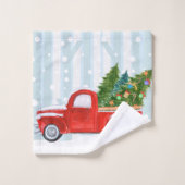 雪道のクリスマスの赤い小型トラック バスタオルセット (ウォッシュタオル)
