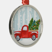 雪道のクリスマスの赤い小型トラック メタルオーナメント (右)