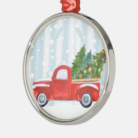 雪道のクリスマスの赤い小型トラック メタルオーナメント (左)