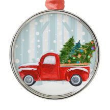 雪道のクリスマスの赤い小型トラック