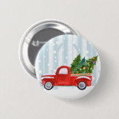 雪道のクリスマスの赤い小型トラック 缶バッジ (正面&裏面)