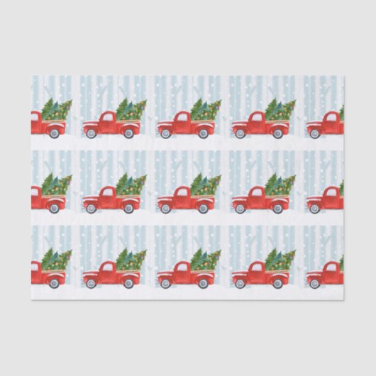 雪道のクリスマスの赤い小型トラック 薄葉紙 (正面)