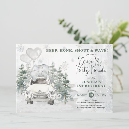 雪銀の冬のゾウのドライブ誕生日 招待状 (スタンド正面)