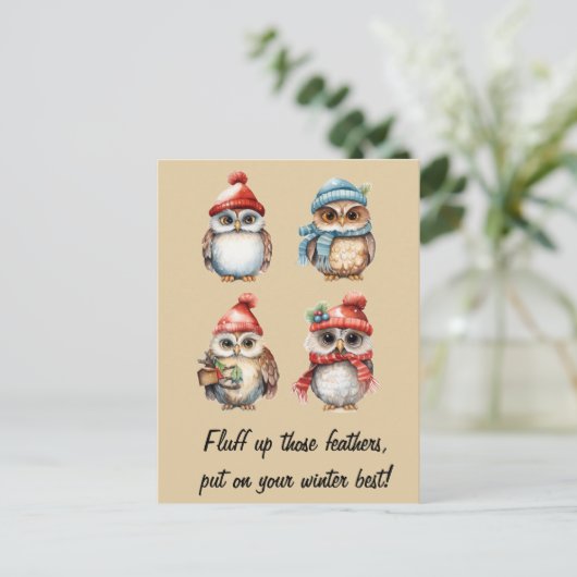 雪霊:冬の温もりでフクロウ ポストカード (スタンド正面)
