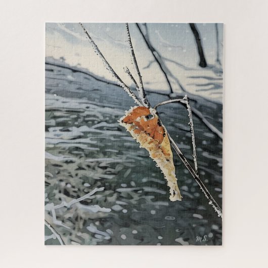 雪霜の降りた流の上の葉 ジグソーパズル (縦)