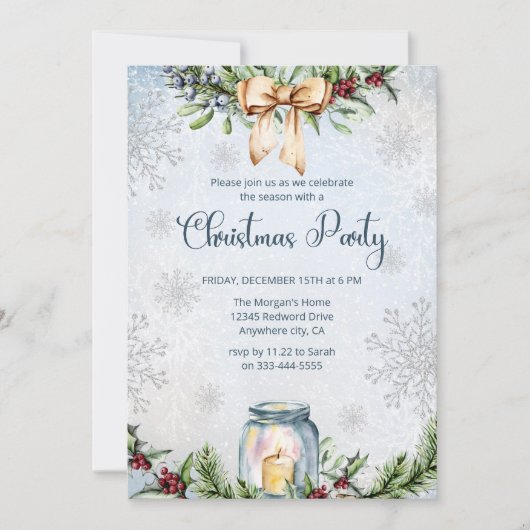 雪霜の降りた雪の冬のクリスマスパーティー 招待状 (正面)