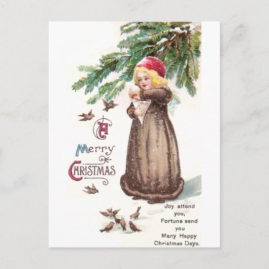雪食べ物を与えの中の少女の鳥 ポストカード (正面)