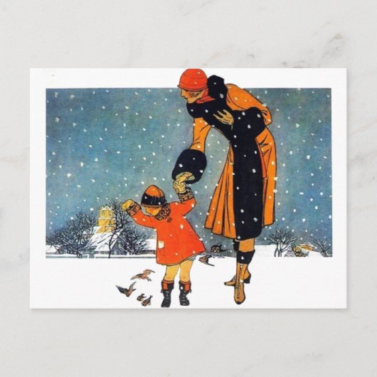 雪食べ物を与えの鳥たち ポストカード (正面)