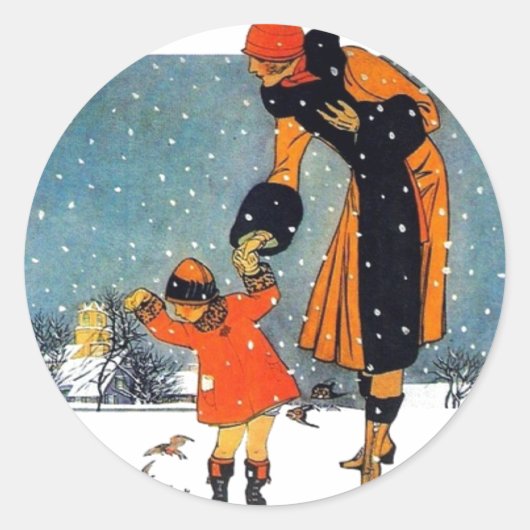 雪食べ物を与えの鳥たち ラウンドシール (正面)