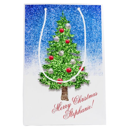 雪飾のクリスマスツカスタムリー文字 ミディアムペーパーバッグ (正面)