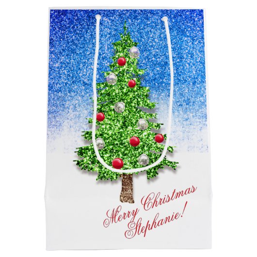 雪飾のクリスマスツカスタムリー文字 ミディアムペーパーバッグ (裏面)