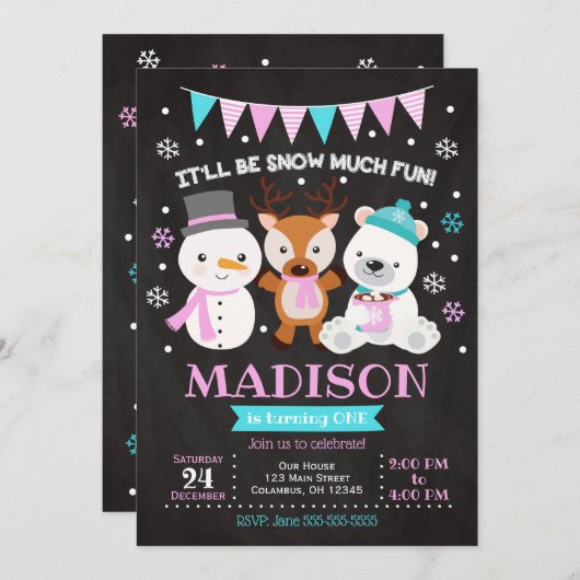 雪高おもしろい誕生日招待状/ガール 招待状 (正面/裏面)