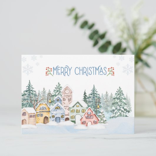 雪魅力的の村の水の色のクリスマス サンキューカード (スタンド正面)