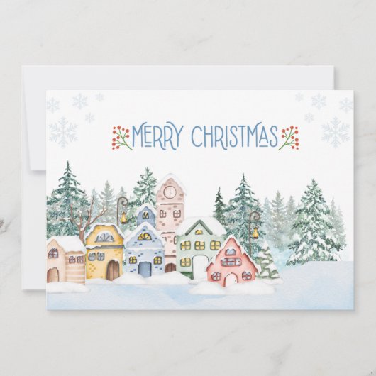 雪魅力的の村の水の色のクリスマス シーズンカード (正面)
