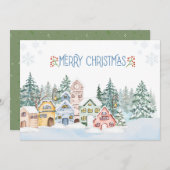 雪魅力的の村の水の色のクリスマス シーズンカード (正面/裏面)