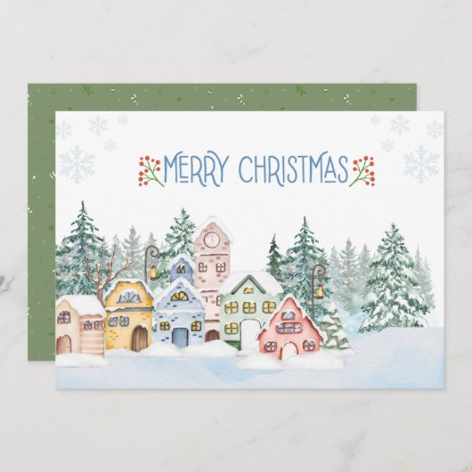 雪魅力的の村の水の色のクリスマス シーズンカード (正面/裏面)