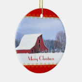 雪、クリスマスのオーナメントの赤い納屋 セラミックオーナメント (右)