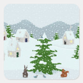 雪、バニー、リス、松の冬の村 スクエアシール (正面)