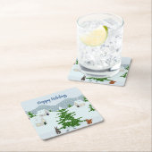 雪、バニー、リス、松の冬の村 スクエアペーパーコースター (インサイチュ)