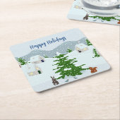 雪、バニー、リス、松の冬の村 スクエアペーパーコースター (アングル)