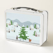 雪、バニー、リス、松の冬の村 メタルランチボックス (裏面)