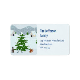 雪、バニー、リス、松の冬の村 ラベル