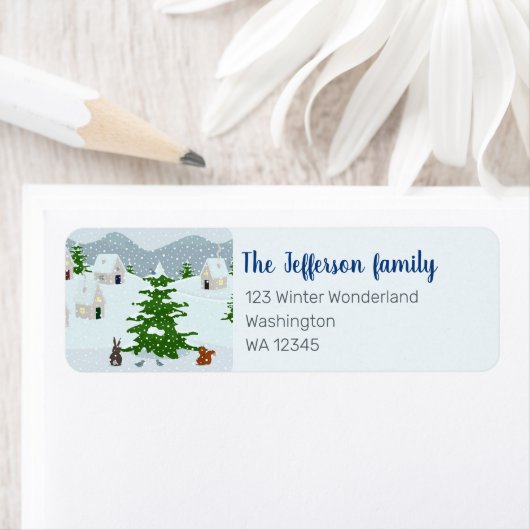 雪、バニー、リス、松の冬の村 ラベル (インサイチュ)