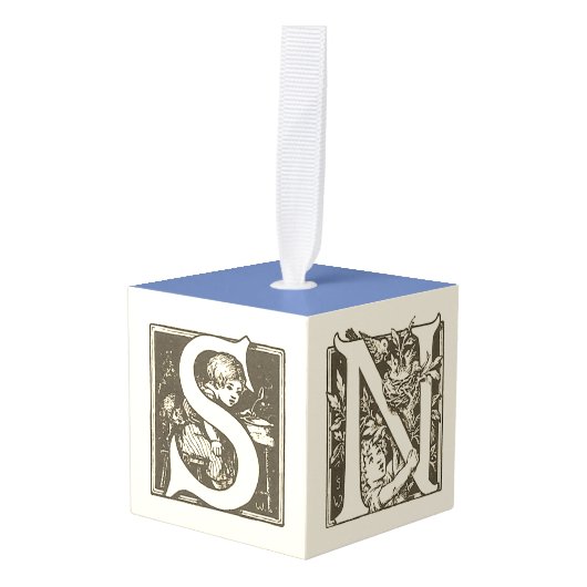 「雪」ヴィンテージアルファベッフランスのトクリスマス キューブオーナメント (正面アングル)