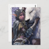 雪+小妖精や小人+女の子+付き+ライオン ポストカード (正面/裏面)