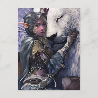 雪+小妖精や小人+女の子+付き+ライオン ポストカード