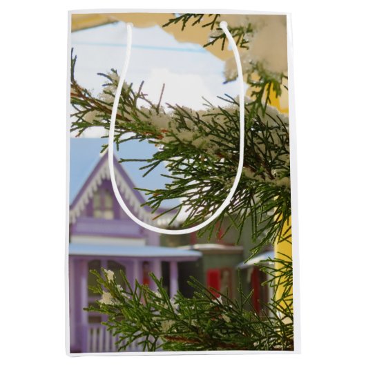 雪、常緑とコテージ – マーサのブドウ畑 ミディアムペーパーバッグ (正面)