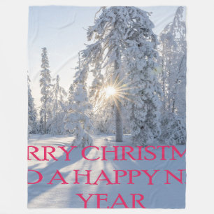 雪、木、太陽、クリスマスの準備 フリースブランケット