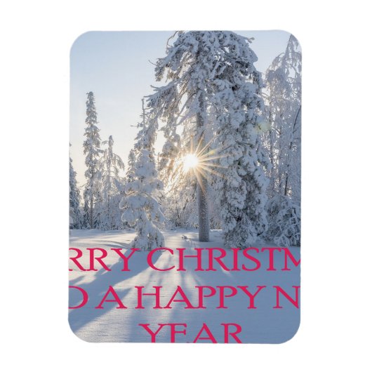 雪、木、太陽、クリスマスの準備 マグネット (縦)