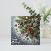 雪、松、コーンのクリスマスの背景 シーズンカード (スタンド正面)