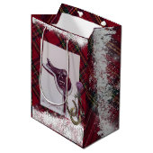 雪、格子及び馬術テーマ ミディアムペーパーバッグ (正面アングル)