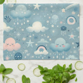 雲お洒落付きスカイパターン、星 – 青 キッチンタオル (折り畳み)