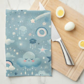 雲お洒落付きスカイパターン、星 – 青 キッチンタオル (四つ折り)