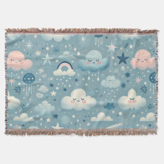 雲お洒落付きスカイパターン、星 – 青 スローブランケット (正面)