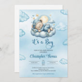 雲お洒落金ゴールドの可愛い眠りテディベア 招待状 (正面/裏面)