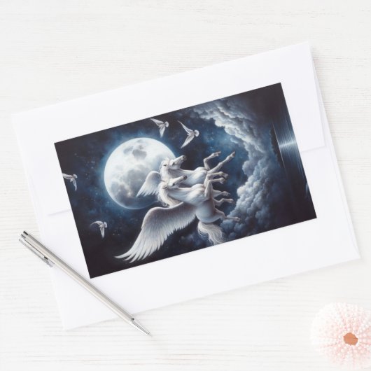 雲から飛んでいる双子のペガサス 長方形シール (封筒)