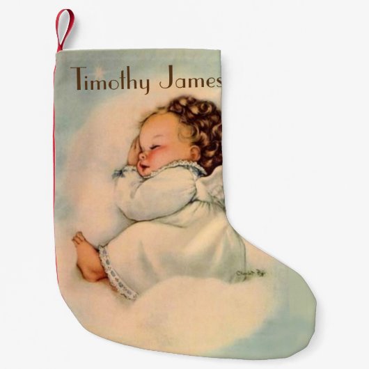 雲で眠るヴィンテージのベビーの天使 スモールクリスマスストッキング (正面)