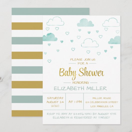 雲とハートの青と金色のベビーシャワー 招待状 (正面/裏面)