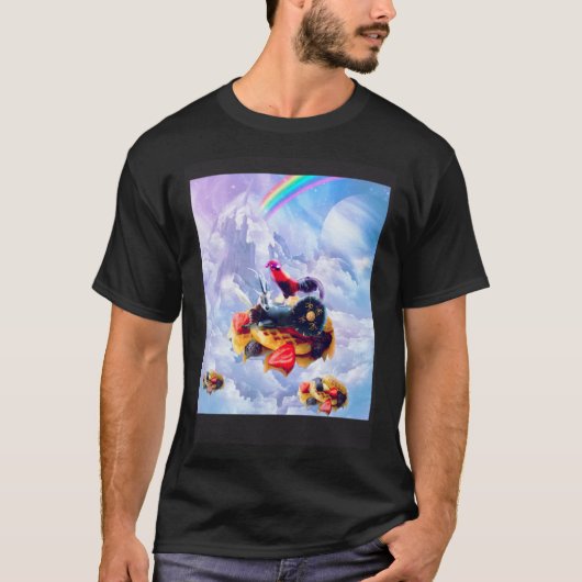 雲とワッフルの上のガゼルに乗ったニワトリ Tシャツ (正面)
