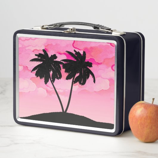 雲と夜明けピンクに対するヤシの木のシルエット メタルランチボックス (インサイチュ)
