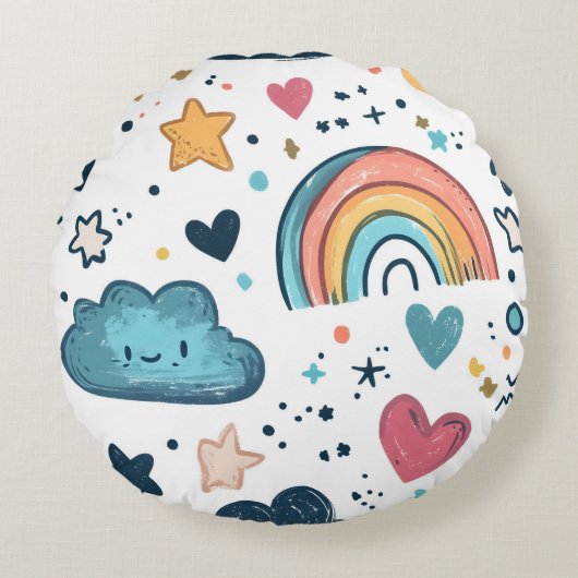 雲と星がかわいい虹の鳩パターン ラウンドクッション (正面)