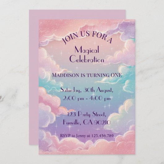 雲と星のカスタマイズ誕生日 招待状 (正面/裏面)