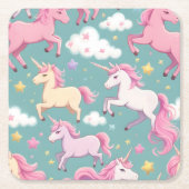 雲と星のパターンのユニコーン スクエアペーパーコースター (正面)